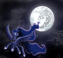Size: 4032x3713 | Tagged: safe, artist:london13ridges, princess luna, g4, cloud, cloudy, female, flying, mare in the moon, moon, night, solo, stars