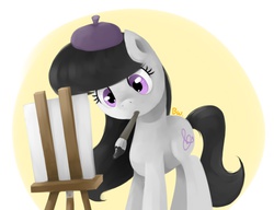 Size: 3900x3000 | Tagged: safe, artist:bwhale, artist:jwj991120, octavia melody, g4, beret, brush, female, hat, high res, mouth hold, paintbrush, painting, pixiv, solo