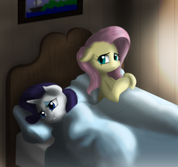 Size: 3750x3515 | Tagged: safe, artist:kurausuki, artist:mrs1989, fluttershy, rarity, pony, unicorn, g4, aftersex, bed, bedroom, blanket, female, floppy ears, high res, lesbian, lip bite, mare, morning after, on back, on side, pillow, ruined for marriage, ship:flarity, shipping, smiling
