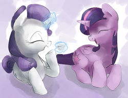 Size: 908x699 | Tagged: safe, artist:dotkwa, rarity, twilight sparkle, alicorn, pony, g4, eyes closed, female, laughing, magic, mare, open mouth, prone, smiling, tea, teacup, telekinesis, twilight sparkle (alicorn)