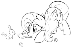 Size: 754x505 | Tagged: safe, artist:dotkwa, fluttershy, rabbit, g4, cute, easter, easter egg, face down ass up, grayscale, monochrome, smiling