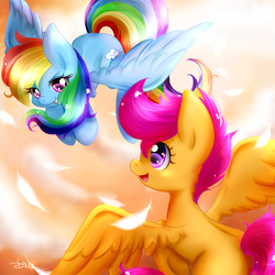 Size: 2500x2500 | Tagged: dead source, safe, artist:mrsremi, rainbow dash, scootaloo, pegasus, pony, g4, blank flank, cloud, duo, duo female, evening, feather, female, filly, flying, happy, mare, open mouth, scootaloo can fly, scootalove, sky, smiling, spread wings, underhoof, wings