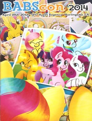 Size: 1664x2177 | Tagged: safe, artist:steve holts, artist:steveholt, applejack, fluttershy, pinkie pie, rainbow dash, rarity, twilight sparkle, oc, oc:golden gates, g4, babscon, babscon 2014, babscon mascots, book, convention, cover, cover art, mane six, missing horn, photo, san francisco