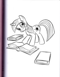 Size: 785x1017 | Tagged: safe, artist:kwark85, twilight sparkle, unicorn, g4, official, black and white, book, coloring book, female, grayscale, head tilt, looking at you, mare, monochrome, open book, smiling, smiling at you, solo, stock vector, unicorn twilight