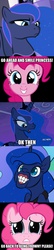 Size: 1494x6975 | Tagged: safe, artist:slypon, pinkie pie, princess luna, g4, caption, crying, dilated pupils, flehmen response, frown, grin, hoers, horses doing horse things, smiling