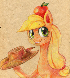 Size: 814x900 | Tagged: safe, artist:lexx2dot0, applejack, g4, apple, female, hat, looking at you, smiling, solo, traditional art