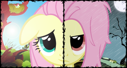 Size: 1500x804 | Tagged: safe, artist:flare-chaser, fluttershy, pegasus, pony, two sided posters, g4, angry, dark, day, evil, female, flutterbat, good, happy, mare, night, rain, sad, solo