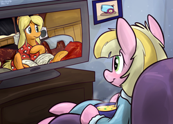 Size: 999x720 | Tagged: safe, artist:thedoggygal, meadow flower, g4, andrea libman, bridget jones, bridget pones diary, ponified, request, sick, soup, television, twitter