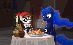 Size: 2560x1600 | Tagged: safe, artist:mysticalpha, pipsqueak, princess luna, alicorn, earth pony, pony, g4, candle, clothes, colt, duo, eating, eyepatch, female, foal, food, lady and the tramp, male, male and female, mare, messy, pipsqueak eating spaghetti, pirate costume, ship:lunapip, shipping, sitting, smiling, spaghetti, spaghetti scene, straight, table, wallpaper