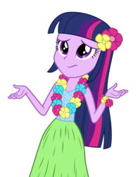 Size: 1732x2211 | Tagged: safe, artist:mohawgo, twilight sparkle, equestria girls, g4, my little pony equestria girls: rainbow rocks, clothes, female, grass skirt, hula, hulalight, lei, shrug, simple background, skirt, solo, transparent background, vector