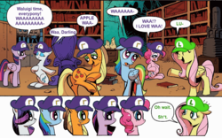 Size: 1397x870 | Tagged: safe, idw, applejack, fluttershy, pinkie pie, rainbow dash, rarity, twilight sparkle, alicorn, pony, g4, brawl in the family, exploitable meme, female, luigi, male, mane 6 interests, mare, meme, super mario, twilight sparkle (alicorn), waa, waluigi, waluigi time