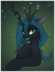 Size: 1911x2500 | Tagged: safe, artist:skipsy, queen chrysalis, changeling, changeling queen, g4, abstract background, bust, chest fluff, crown, cute, cute little fangs, cutealis, fangs, female, jewelry, looking at you, regalia, smiling, solo