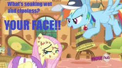 Size: 640x360 | Tagged: safe, edit, edited screencap, screencap, fluttershy, rainbow dash, g4, hurricane fluttershy, the return of harmony, abuse, blue text, bullying, coach rainbow dash, flutterbuse, image macro, ironic echo, out of character, pony pox, rainbow douche, whistle, your face