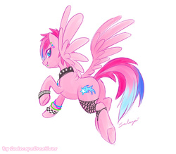 Size: 800x701 | Tagged: safe, artist:soulscapecreatives, oc, oc only, oc:shooting star, pegasus, pony, bracelet, butt, earring, fishnet stockings, highlights, hooves, lip piercing, looking back, piercing, pink, plot, punk, raised hoof, raised leg, smiling, solo, spiked choker, spread wings, underhoof