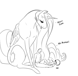 Size: 700x683 | Tagged: dead source, safe, artist:nivrozs, princess celestia, oc, oc:anon, alicorn, human, pony, g4, barefoot, dialogue, feet, female, giant pony, human male, lineart, macro, male, mare, monochrome, size difference, tallestia