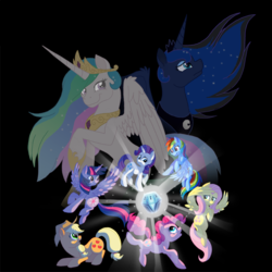 Size: 1000x1000 | Tagged: safe, artist:fire-topaz, applejack, fluttershy, pinkie pie, princess celestia, princess luna, rainbow dash, rarity, twilight sparkle, alicorn, pony, g4, my little pony: friendship is magic, princess twilight sparkle (episode), chest of harmony, female, glowing, mane six, mare, twilight sparkle (alicorn), welovefine