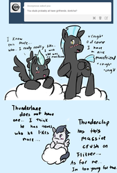 Size: 724x1074 | Tagged: safe, artist:pony-lightbox, rumble, thunderclap, thunderlane, pegasus, pony, ask the thunderbros, g4, ask, blushing, brothers, cloud, colt, cute, implied gay, male, shipping, siblings, solo, stallion, tumblr