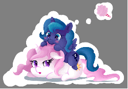 Size: 737x513 | Tagged: safe, artist:azurainalis, princess celestia, princess luna, alicorn, pony, g4, animated, biting, cewestia, cotton candy, cute, duo, ear fluff, eye shimmer, female, filly, floppy ears, food, hair bite, hnnng, luna riding celestia, lunabetes, mane bite, nom, open mouth, pictogram, ponies riding ponies, prone, raised eyebrow, riding, silly, silly pony, smiling, sweet dreams fuel, thought bubble, weapons-grade cute, woona