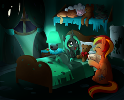 Size: 2472x2000 | Tagged: safe, artist:exceru-karina, oc, oc only, changeling, nymph, pegasus, pony, bed, bedtime story, high res, lamp, plushie