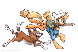 Size: 700x471 | Tagged: safe, artist:kenket, artist:spainfischer, applejack, winona, dog, pony, g4, adventure time, female, male, mare, mouth hold, sword, traditional art