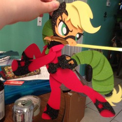 Size: 640x640 | Tagged: safe, artist:the-paper-pony, applejack, mistress marevelous, pony, g4, power ponies (episode), bipedal, hand, irl, mouth hold, paper child, photo, power ponies, weapon
