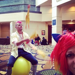 Size: 640x640 | Tagged: safe, artist:czonafoto, pinkie pie, rainbow dash, human, g4, babscon, babscon 2014, bubble berry, convention, cosplay, irl, irl human, juggling, photo, rubber chicken, rule 63