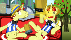 Size: 1280x720 | Tagged: safe, screencap, flam, flim, pony, unicorn, g4, the super speedy cider squeezy 6000, apple, apple tree, cider, flim flam brothers, food, male, reaction image, sitting, spit take, stallion, super speedy cider squeezy 6000, tree