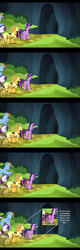 Size: 1280x4000 | Tagged: safe, edit, edited screencap, screencap, applejack, rainbow dash, rarity, twilight sparkle, alicorn, pony, g4, trade ya!, animation error, butt, cave, comic, female, flying, mare, plot, screencap comic, twilight sparkle (alicorn), wat