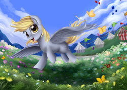 Size: 4184x2967 | Tagged: safe, artist:pridark, derpy hooves, butterfly, pegasus, pony, g4, balloon, female, flower, mare, running, solo