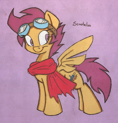 Size: 400x418 | Tagged: dead source, safe, artist:dfectivedvice, artist:thepolymath, color edit, edit, scootaloo, pegasus, pony, g4, alternate cutie mark, clothes, colored, female, goggles, mare, older, older scootaloo, scarf, smiling, solo, spread wings, wings