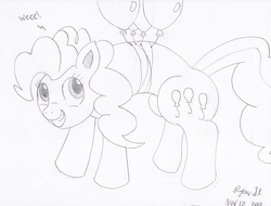 Size: 1322x1005 | Tagged: safe, artist:mc-ryan, pinkie pie, earth pony, pony, g4, 30 minute art challenge, balloon, cute, female, floating, grin, happy, monochrome, simple background, smiling, solo, then watch her balloons lift her up to the sky, traditional art, white background