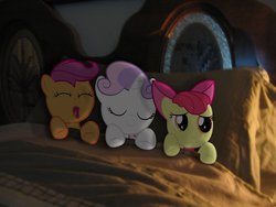 Size: 1032x774 | Tagged: safe, apple bloom, scootaloo, sweetie belle, g4, bed, cutie mark crusaders, irl, photo, ponies in real life