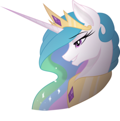 Size: 9438x9461 | Tagged: safe, artist:gray-gold, artist:probablyfakeblonde, princess celestia, alicorn, pony, g4, absurd resolution, bedroom eyes, bust, colored, crown, female, grin, horn, jewelry, mare, peytral, portrait, profile, regalia, simple background, smiling, solo, transparent background, vector