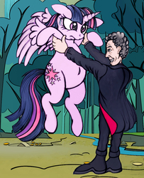 Size: 729x900 | Tagged: safe, artist:jameythehedgehog, twilight sparkle, alicorn, pony, g4, belly button, crossover, doctor who, female, holding a pony, mare, peter capaldi, twelfth doctor, twilight sparkle (alicorn), wat