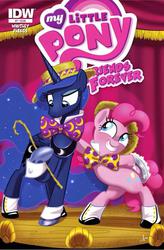 Size: 599x911 | Tagged: safe, artist:amy mebberson, idw, pinkie pie, princess luna, pony, g4, bipedal, bowtie, cover, cover art, stage, this will end in tears