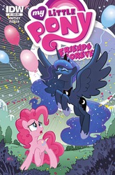 Size: 988x1500 | Tagged: safe, artist:tony fleecs, idw, pinkie pie, princess luna, g4, balloon, cover, cover art