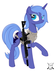 Size: 1836x2352 | Tagged: safe, artist:shadawg, princess luna, alicorn, pony, g4, clothes, female, gun, s1 luna, simple background, solo, transparent background, vest, weapon