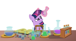 Size: 12516x6746 | Tagged: safe, artist:dervonnebenaan, twilight sparkle, pony, unicorn, double rainboom, g4, absurd resolution, chemistry, female, frown, magic, mare, raised eyebrow, science, simple background, solo, telekinesis, transparent background, unicorn twilight