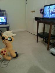 Size: 612x816 | Tagged: artist needed, safe, applejack, twilight sparkle, g4, battlefield, headset, irl, photo, plushie, television, video game, xbox one