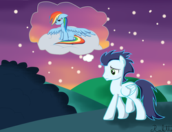 Size: 1024x786 | Tagged: safe, artist:rulette, rainbow dash, soarin', g4, female, male, ship:soarindash, shipping, straight, thought bubble