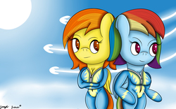 Size: 2400x1500 | Tagged: safe, artist:jcace, rainbow dash, spitfire, anthro, g4, breasts, cleavage, duo, female, wonderbolts uniform