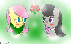 Size: 2400x1500 | Tagged: safe, artist:jcace, fluttershy, octavia melody, g4, blushing, clothes, crack shipping, duo, female, fluttertavia, holly, holly mistaken for mistletoe, lesbian, scarf, shipping