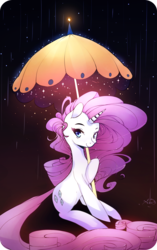 Size: 1196x1900 | Tagged: dead source, safe, artist:inkytophat, rarity, pony, unicorn, g4, female, long tail, rain, sitting, solo, umbrella