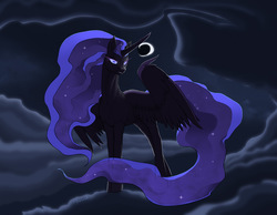 Size: 2958x2300 | Tagged: safe, artist:arareroll, nightmare moon, g4, bedroom eyes, cloud, cloudy, crescent moon, female, grin, high res, looking at you, missing accessory, moon, night, smiling, solo, spread wings