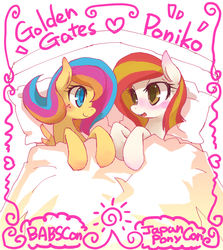 Size: 1000x1121 | Tagged: safe, artist:kolshica, oc, oc only, oc:golden gates, oc:poniko, babscon, babscon mascots, bed, japan ponycon