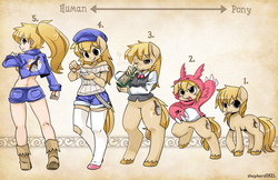 Size: 1600x1035 | Tagged: safe, artist:shepherd0821, oc, oc only, human, pony, anthro, semi-anthro, unguligrade anthro, alcohol, anthro chart, anthro with ponies, bipedal, boots, clothes, drinking, final fight, hat, humanized, jacket, kneesocks, lucia morgan, midriff, ponytail