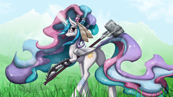 Size: 3800x2137 | Tagged: safe, artist:shaadorian, princess celestia, alicorn, pony, g4, alternate hairstyle, amazon, badass, barbarian, blurry background, braid, butt, concave belly, depth of field, fantasy class, feather, female, glowing, glowing horn, hammer, high res, horn, long mane, long tail, looking at you, looking back, magic, mare, necklace, plot, rear view, slender, smiling, solo, tail, tattoo, thin, thunder hammer, tribal, war hammer, warrior celestia, weapon