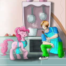 Size: 894x894 | Tagged: safe, artist:cjvselinmortal, pinkie pie, oc, oc:eliseo rossi, human, g4, cooking, cupcake, kitchen, tomatoes