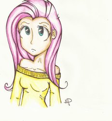 Size: 861x927 | Tagged: safe, artist:justascute, fluttershy, human, g4, clothes, female, humanized, off shoulder, solo, sweater, sweatershy, traditional art