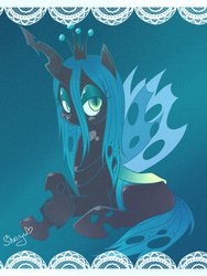 Size: 774x1032 | Tagged: safe, artist:nyako-shoyu, queen chrysalis, changeling, changeling queen, g4, crown, female, jewelry, regalia, solo